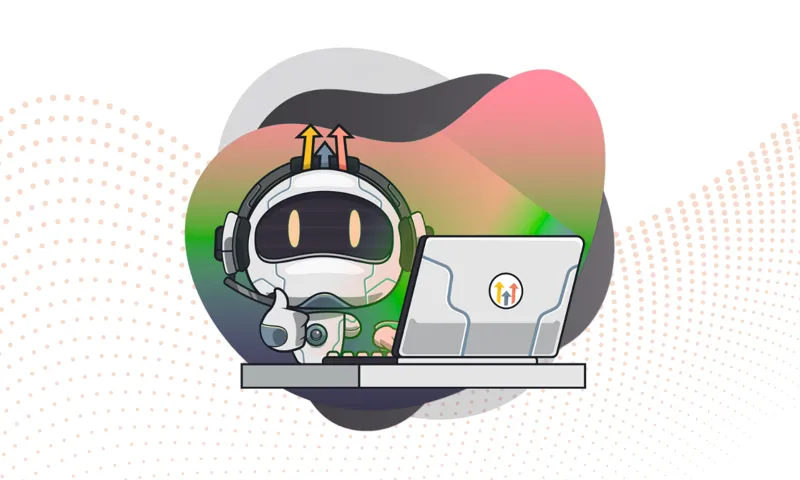 BizOps robot assistant giving a thumbs-up while working at a laptop, representing done-for-you business automation